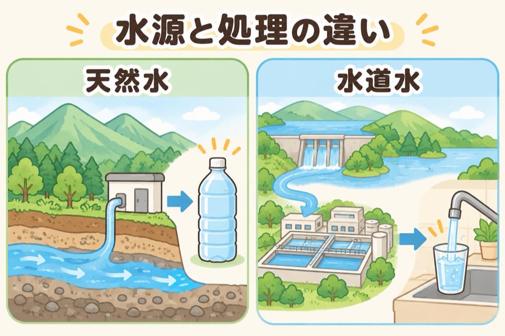 天然水は地下水を採水してボトル詰め、水道水はダムや河川の水を浄水場で処理して蛇口へ届ける違いのイメージ