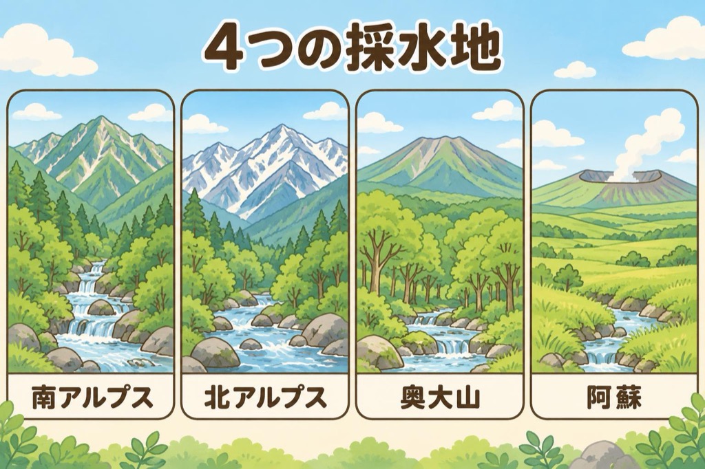 サントリー天然水の4つの採水地(南アルプス・北アルプス・奥大山・阿蘇)の風景イメージ