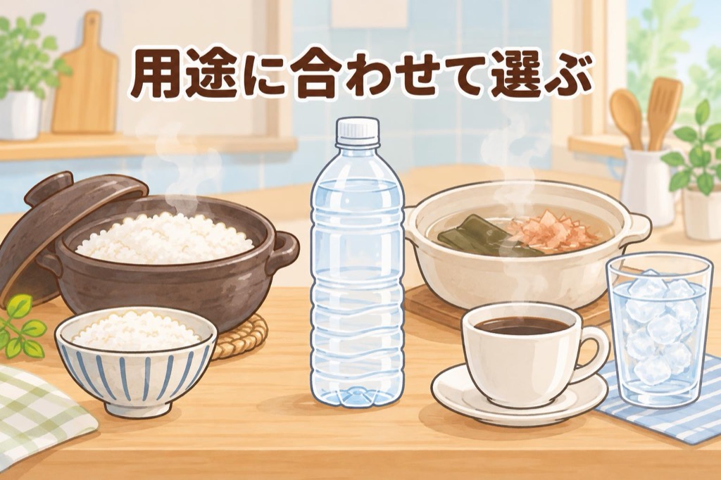 ご飯・出汁・コーヒー・冷たい水など用途に合わせて天然水を選ぶイメージ