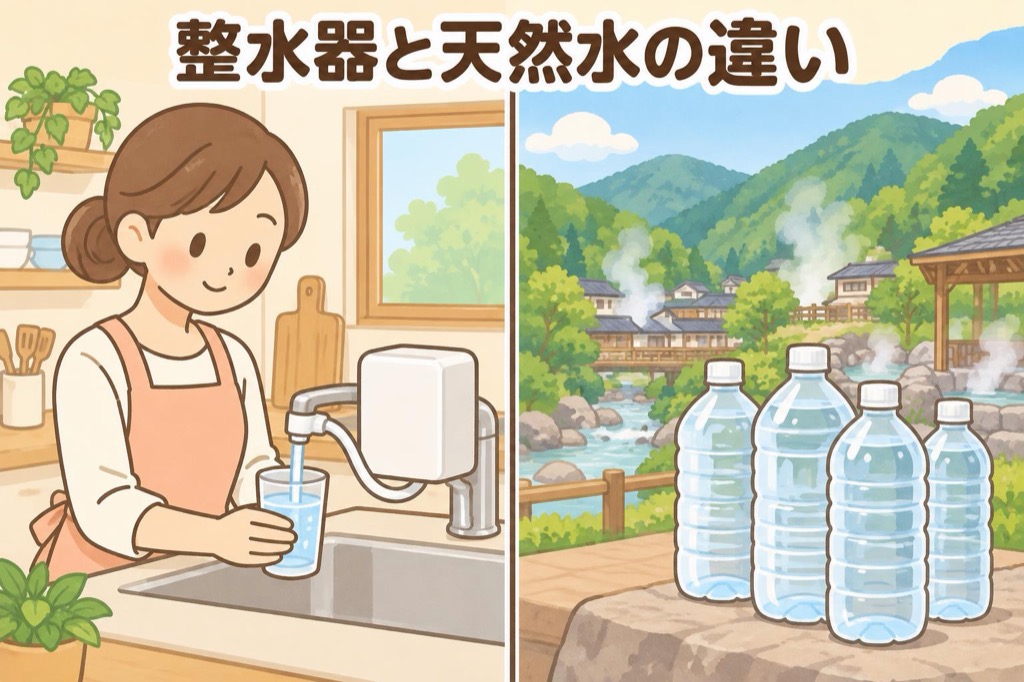 家庭用の整水器で作るアルカリイオン水と、温泉地などで採水されたペットボトルの水の違いのイメージ