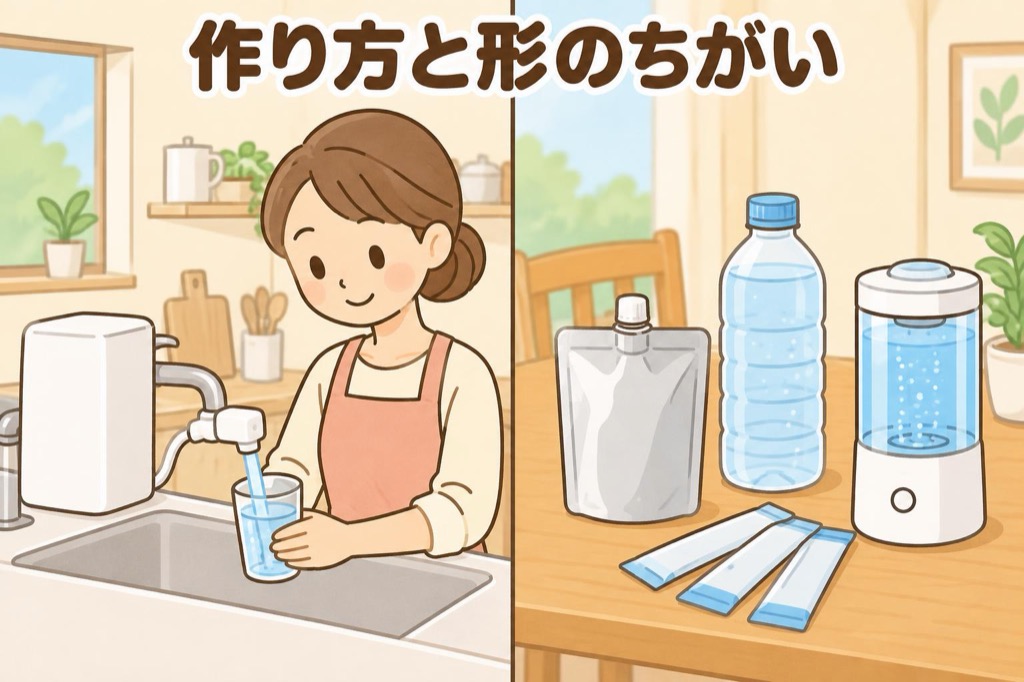 家庭用の整水器で作るアルカリイオン水と、パウチ・ペットボトル・粉末・生成器などさまざまな形の水素水製品の違いのイメージ