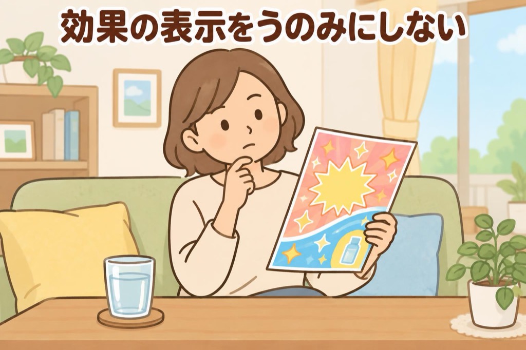 健康効果をうたう広告をうのみにせず冷静に確かめるイメージ