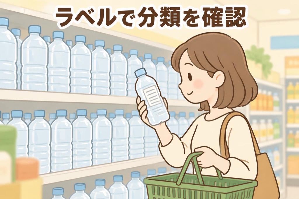 店頭でペットボトルの水の表示を確認して品名を見分けるイメージ