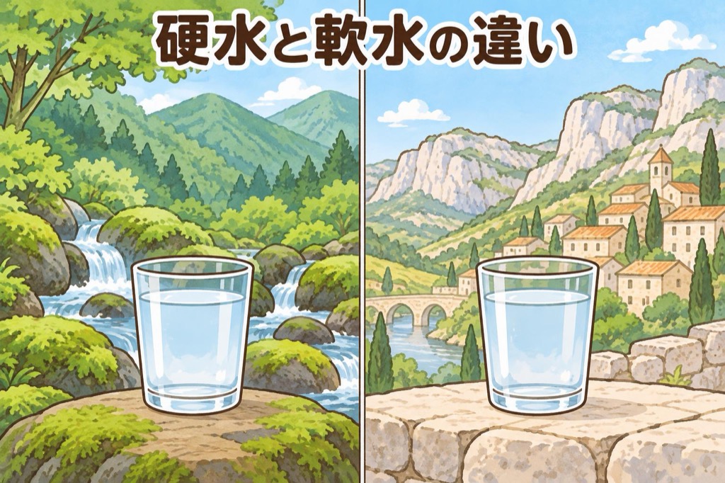 日本の山の湧き水とヨーロッパの石灰岩の土地を背景に並べた2つのコップの水のイメージ