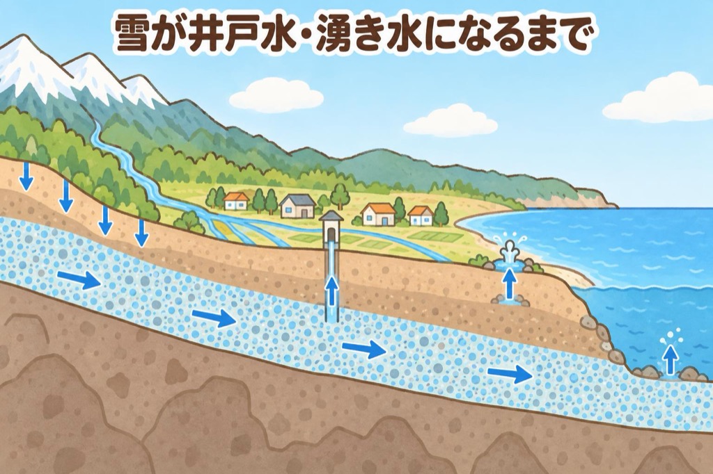 雪山からしみ込んだ水が地下の砂や小石の層を海の方へゆっくり流れ、町の井戸で汲み上げられ、海岸で湧き水になり、海底からも湧き出す様子の断面図