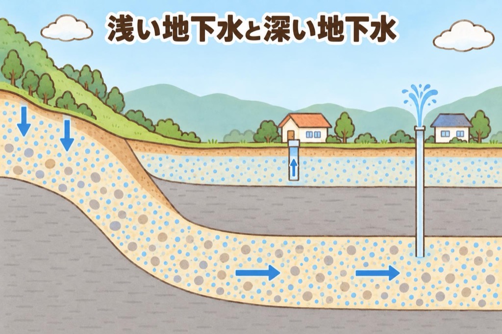 粘土層をはさんだ浅い帯水層と深い帯水層の断面図。浅い井戸は上の層から汲み上げ、深い井戸は粘土層を貫いて山とつながる下の層に届き、水圧で水が噴き出している