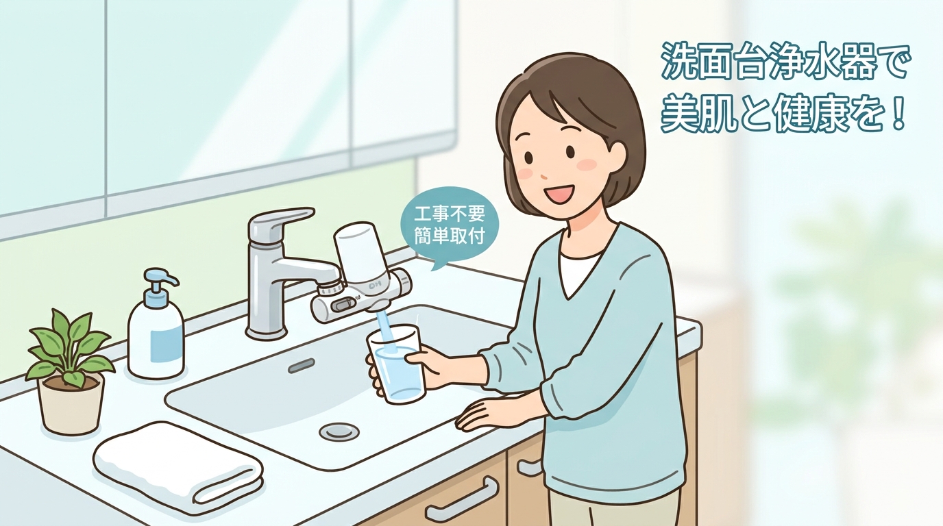 洗面台に取り付けられたコンパクトな浄水器の画像