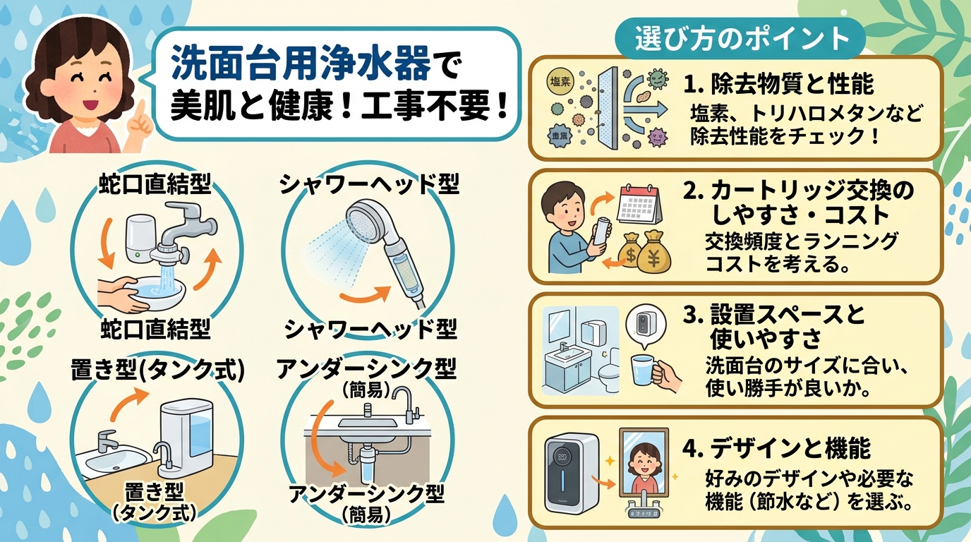 色々な種類の洗面台用浄水器と選ぶポイントのアイコン画像