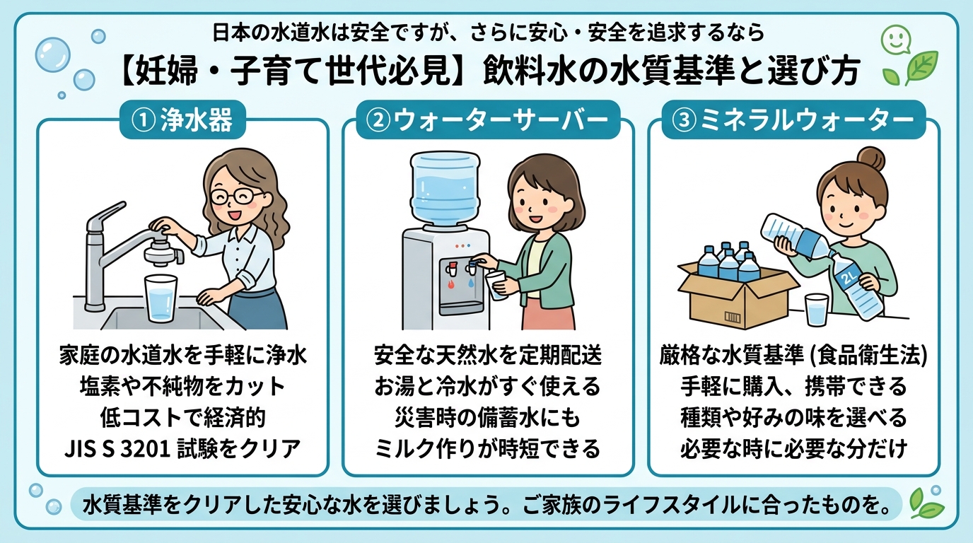 浄水器とウォーターサーバーとミネラルウォーターの比較イメージ画像