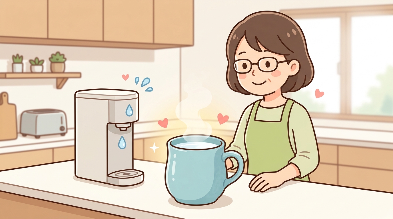 温かい白湯が入ったおしゃれなマグカップとキッチンのイメージ画像