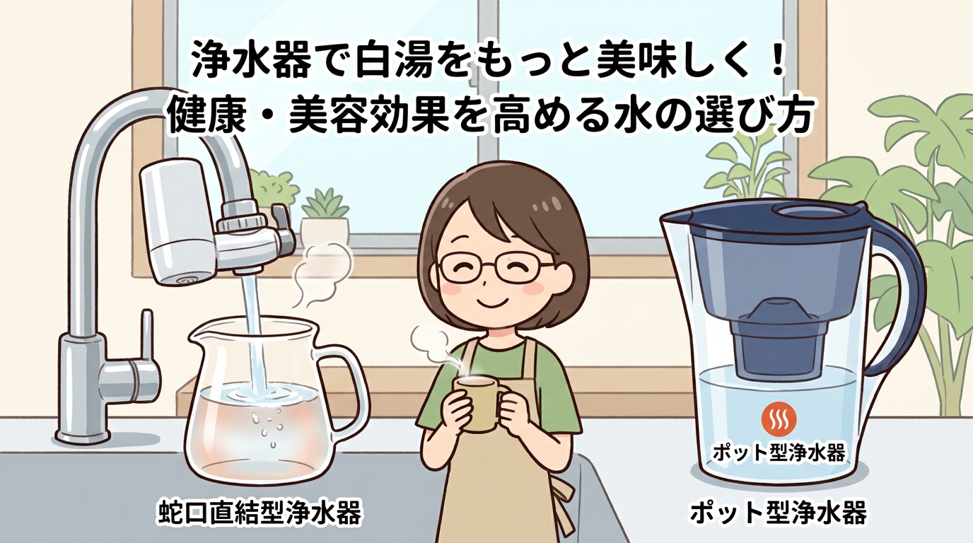 キッチンの蛇口に取り付けられたコンパクトな浄水器とポット型浄水器の画像
