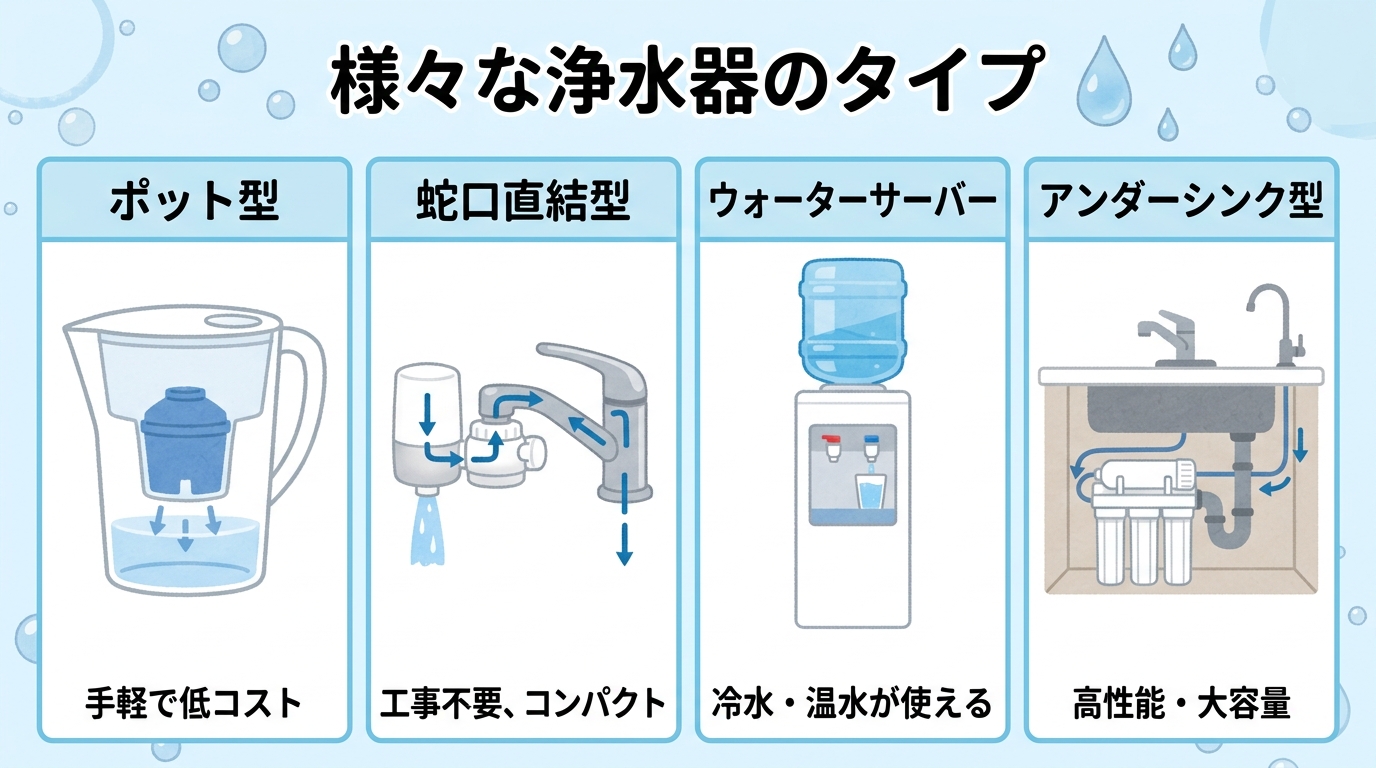 蛇口直結型、ポット型、ウォーターサーバーなど複数の浄水機器のイラスト