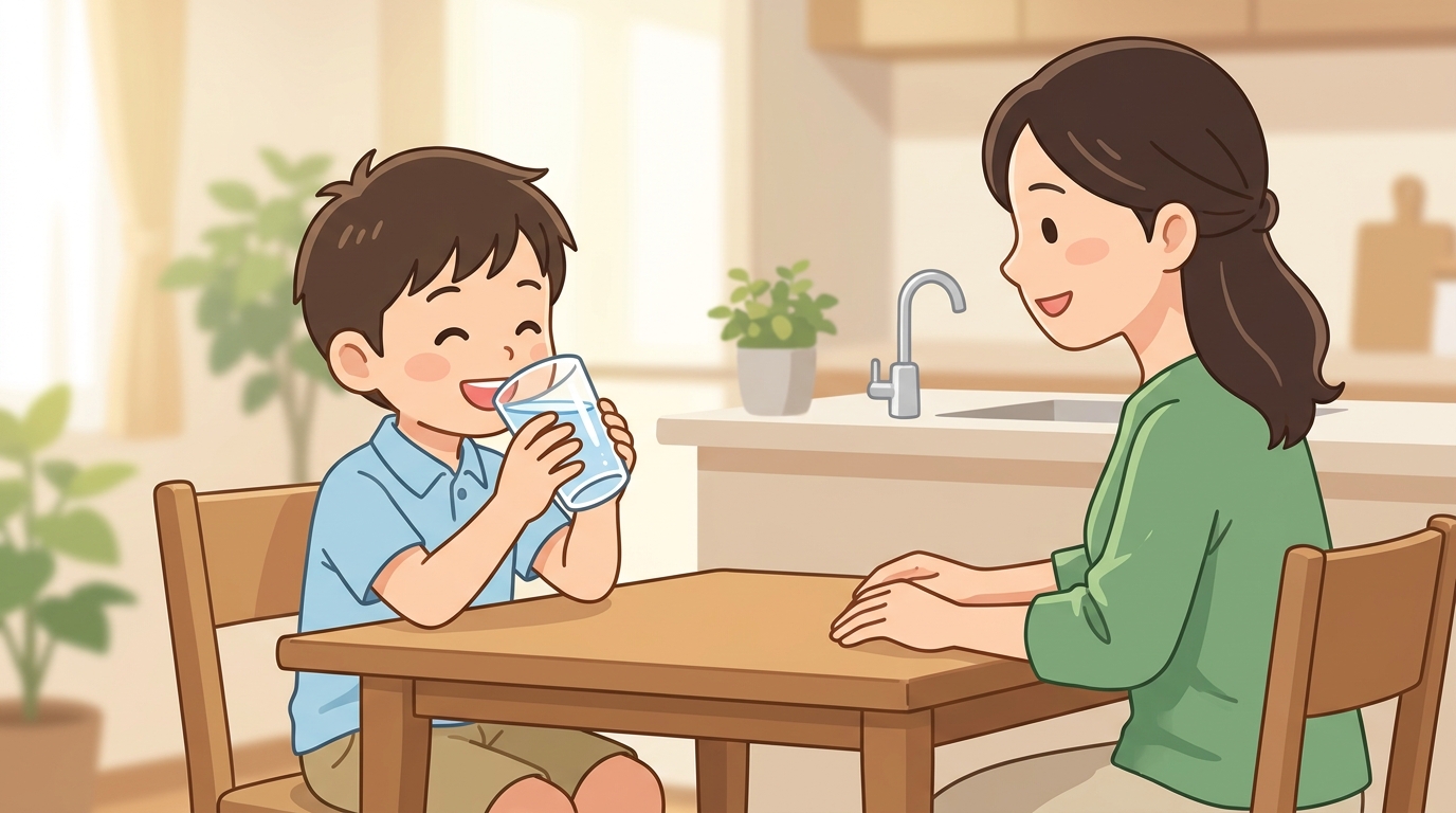 笑顔で水を飲む子どもと見守る母親の画像