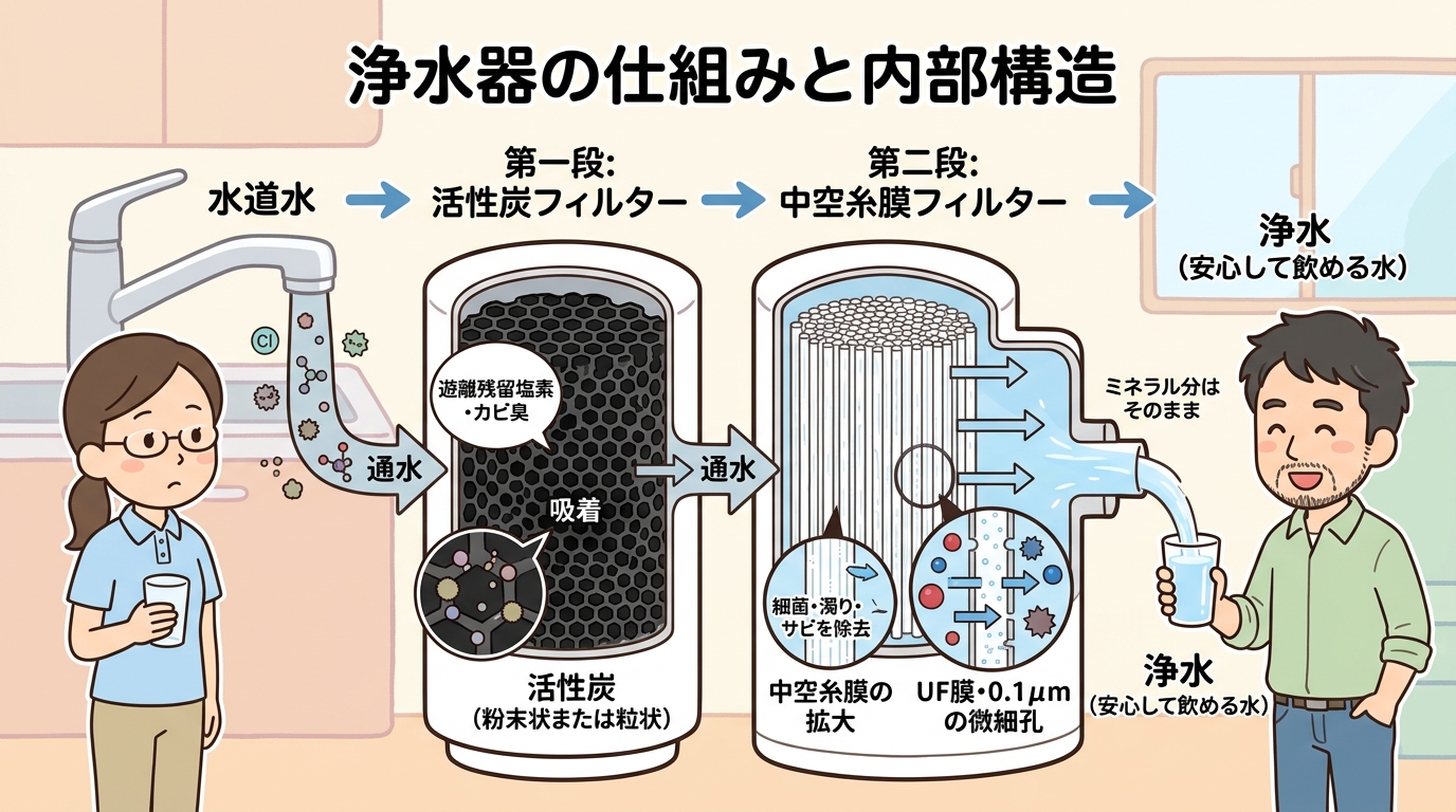 活性炭や中空糸膜など、浄水フィルターの内部構造を説明する図解