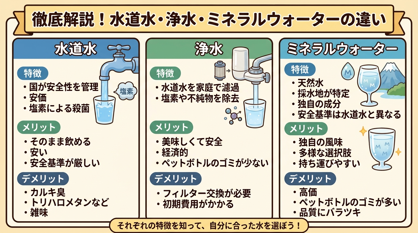 水道水と浄水、ミネラルウォーターを比較しているイメージ画像