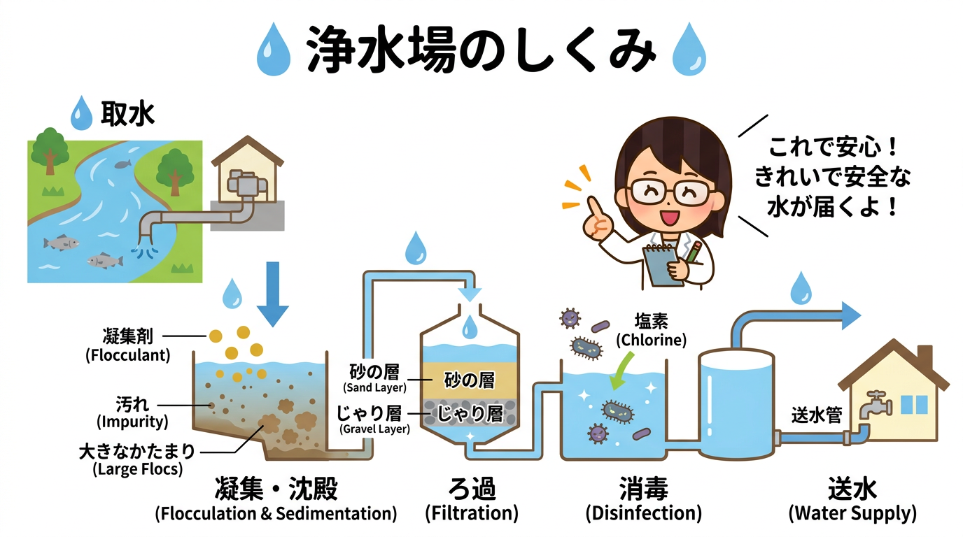 自由研究のレポートで浄水場の仕組みをまとめているイメージ画像