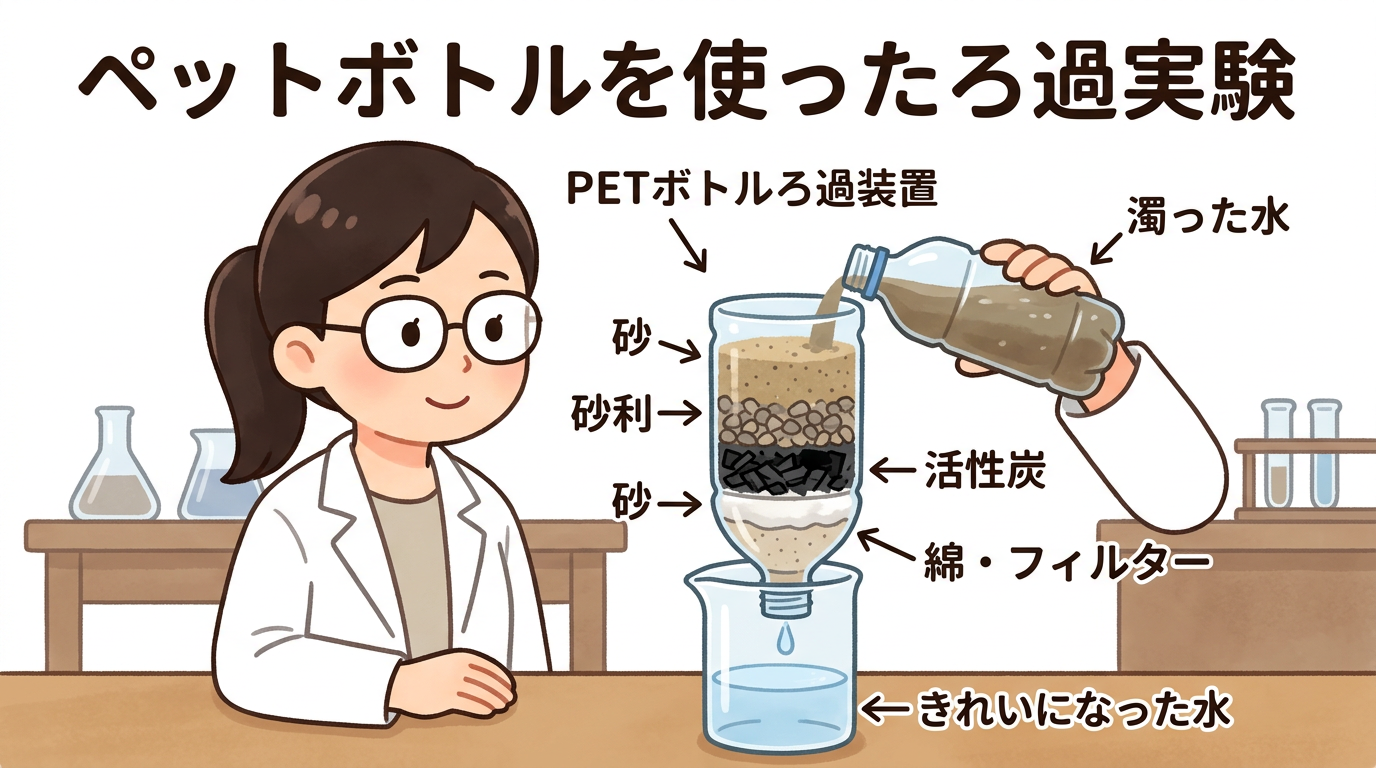 ペットボトルを使ったろ過実験の様子を示す画像