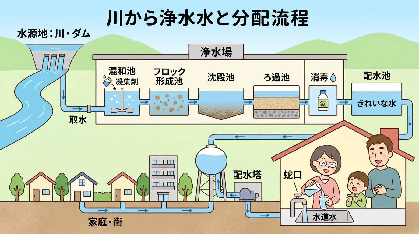 水源から家庭の蛇口まで水が届くルートを示すイラスト