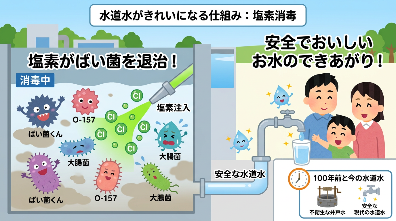 塩素消毒によって細菌が退治され、安全な水道水が完成するイメージ図