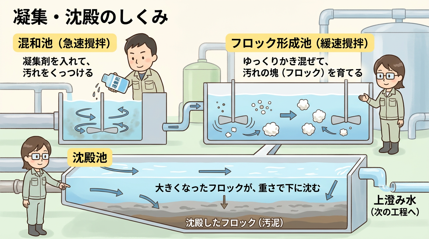 凝集・沈殿の仕組みを図解した画像