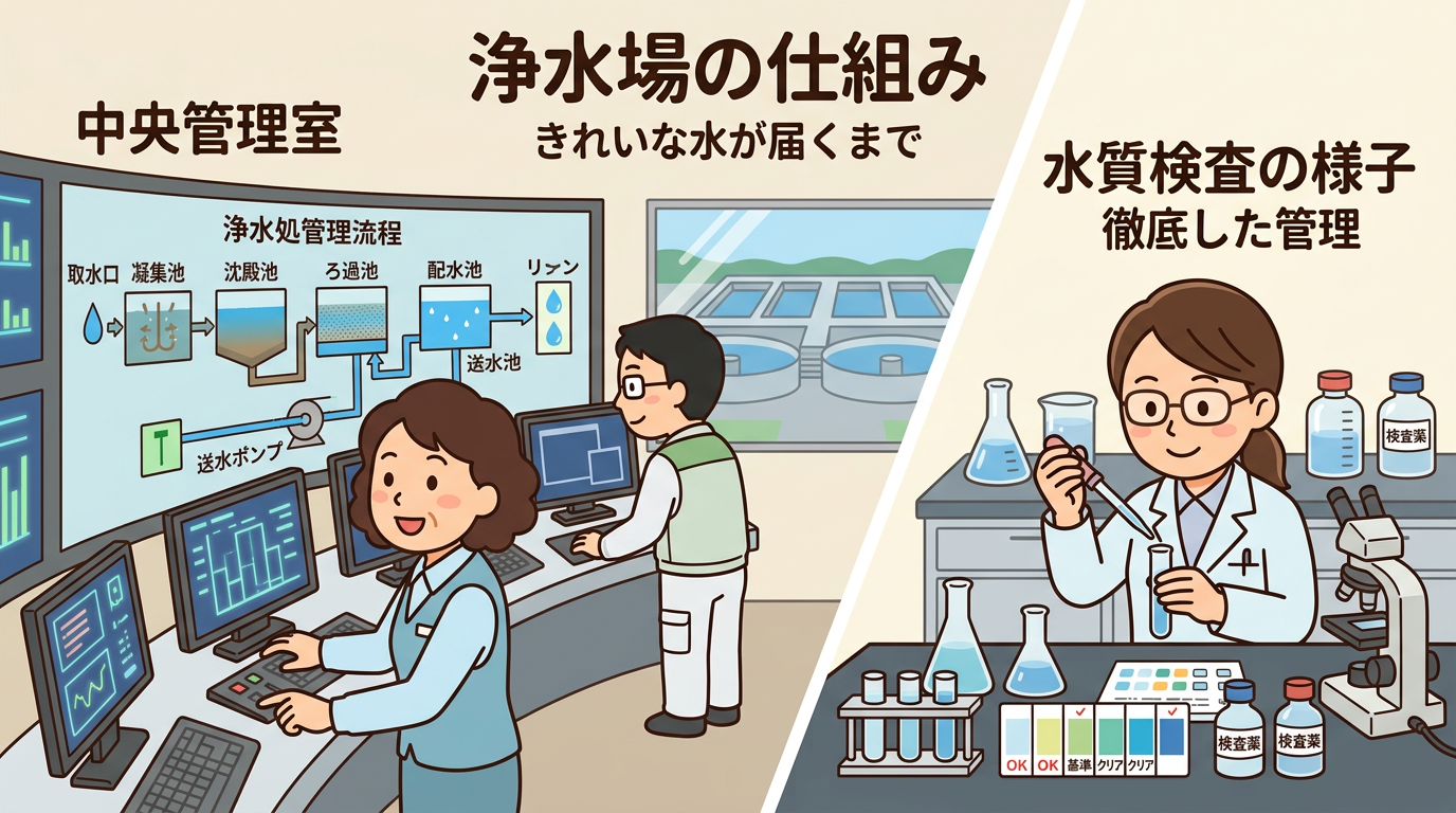 浄水場の中央管理室や水質検査を行っている様子の画像