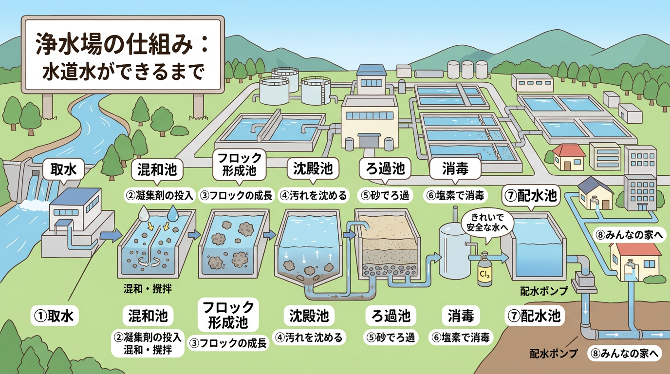 浄水場の全体像と工程の大まかな流れを示す図
