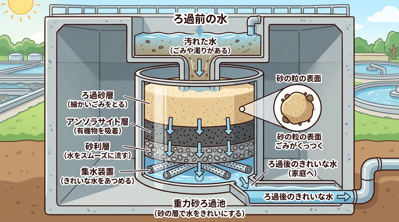 砂や砂利の層で水をろ過するフィルターの仕組みを図解した画像