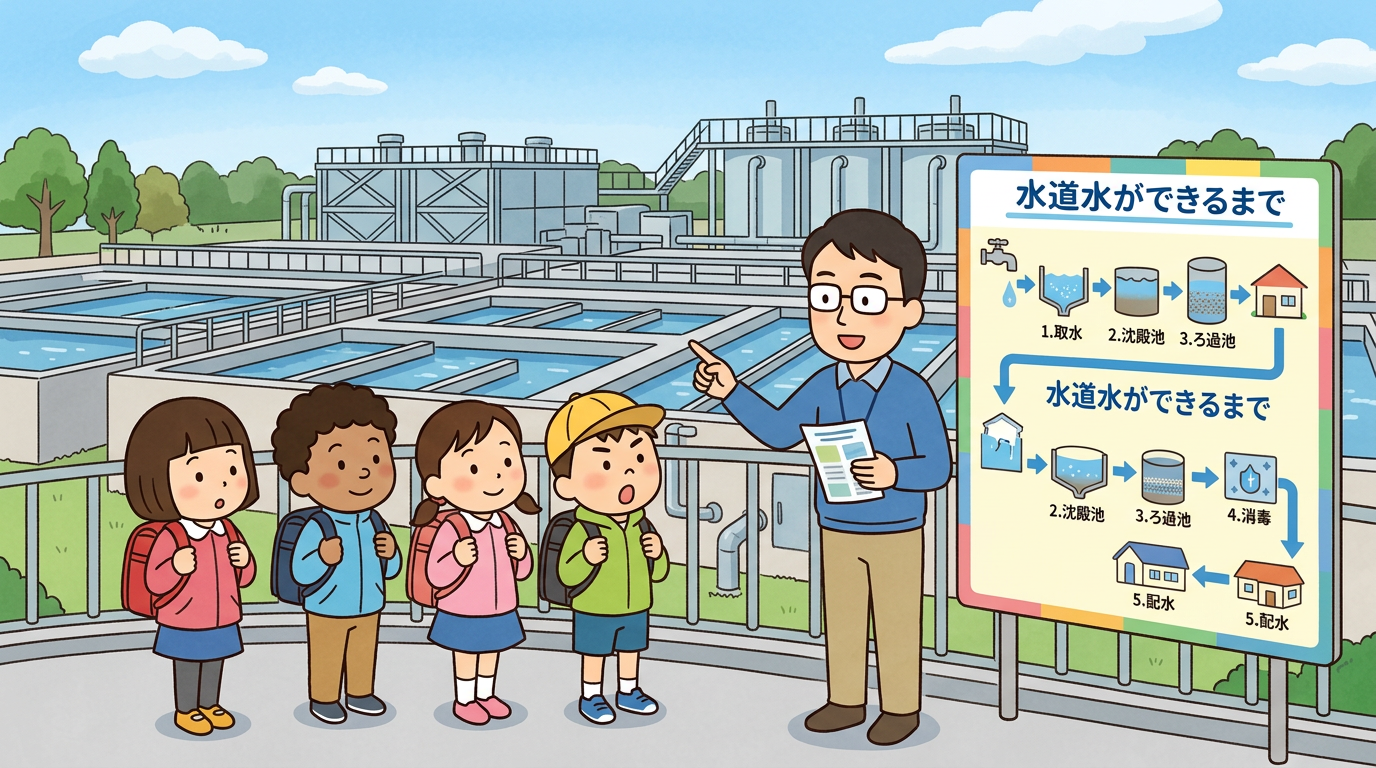 小学生が浄水場を社会科見学している様子の画像