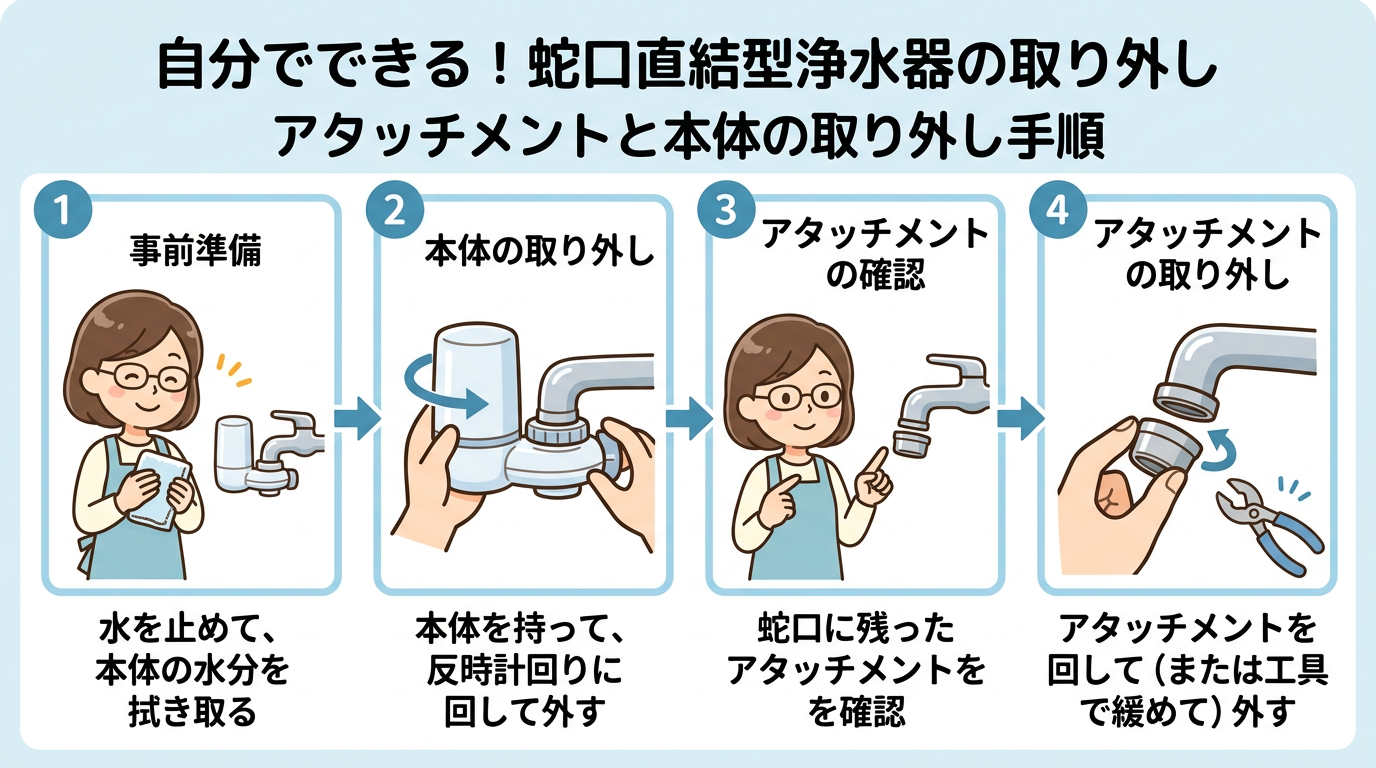 浄水器本体とアタッチメントを取り外す手順の図解画像
