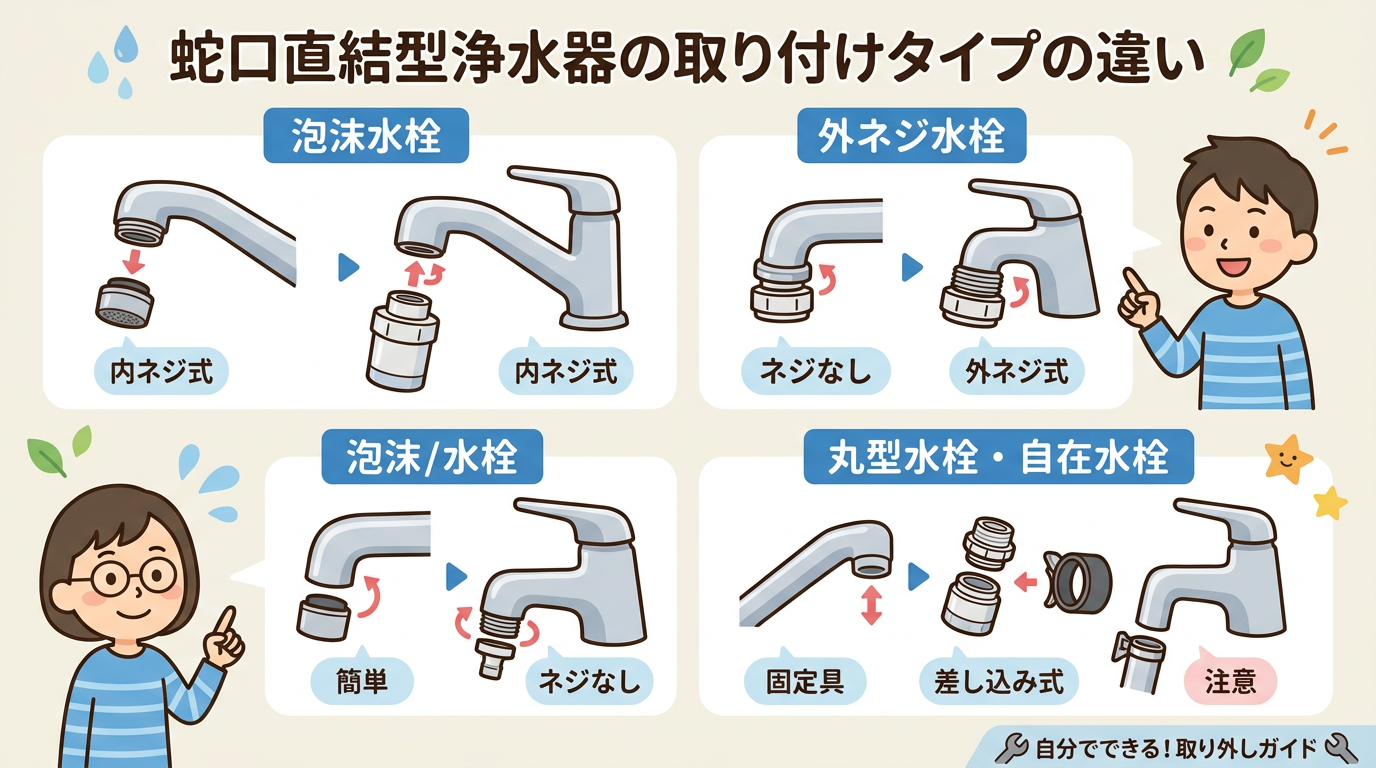 浄水器の蛇口取り付けタイプの違いを示す画像