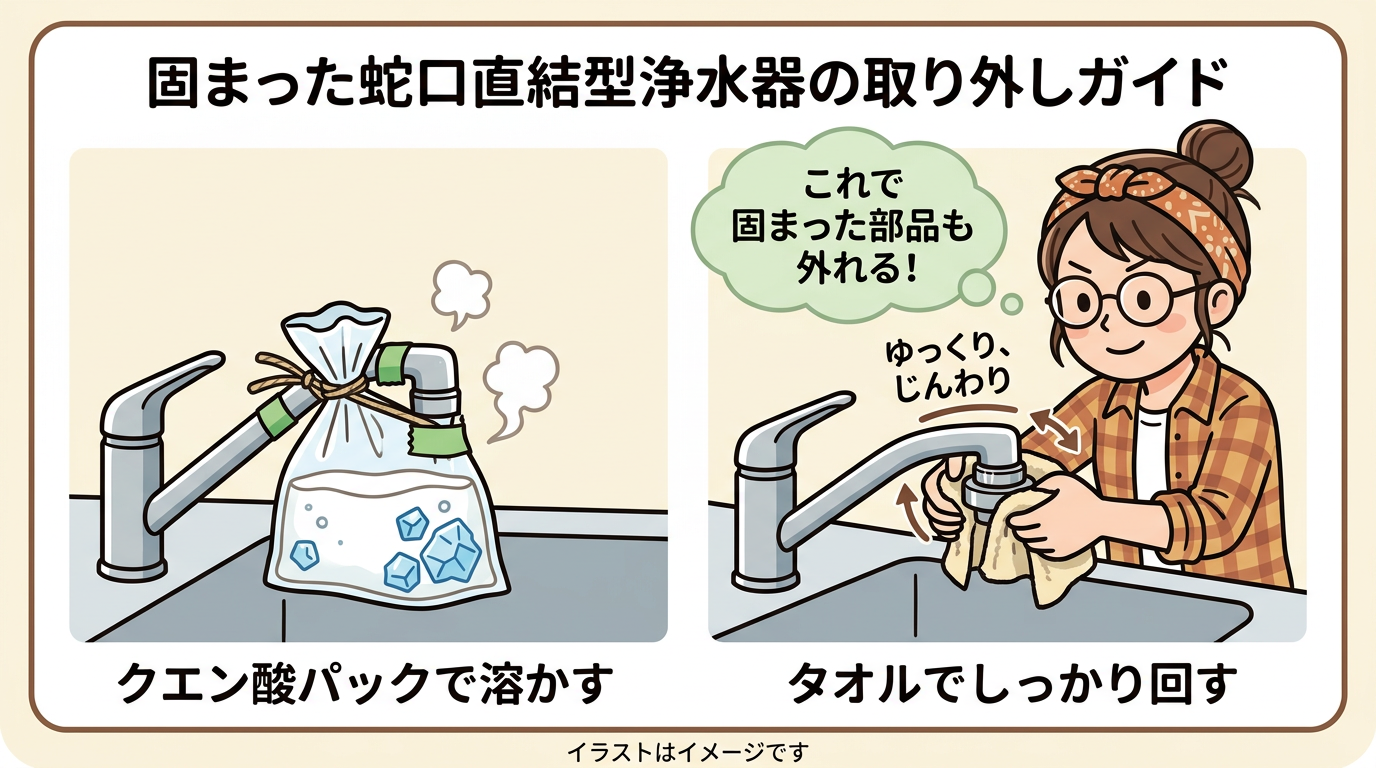 クエン酸パックやタオルを使って固着した部品を外す画像