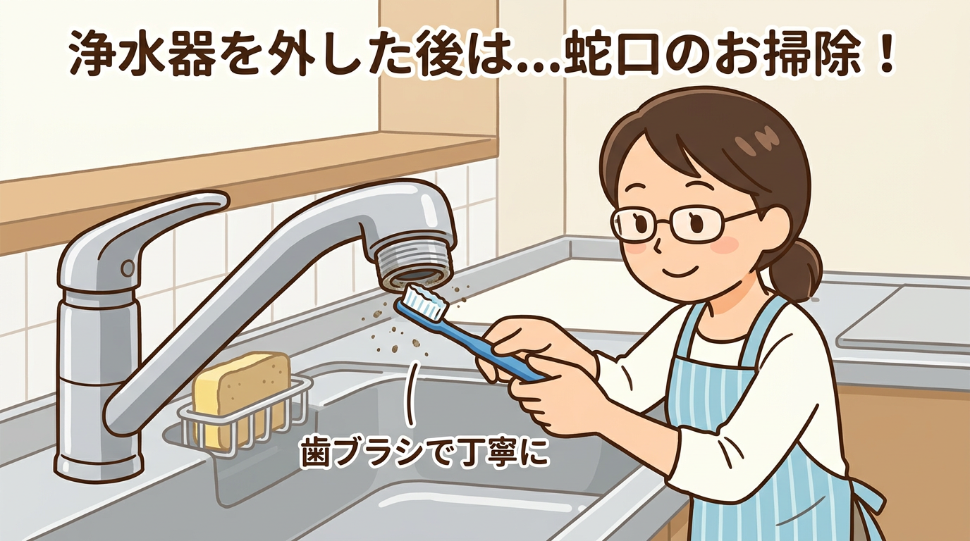 外した後の蛇口の先端を歯ブラシで掃除している画像