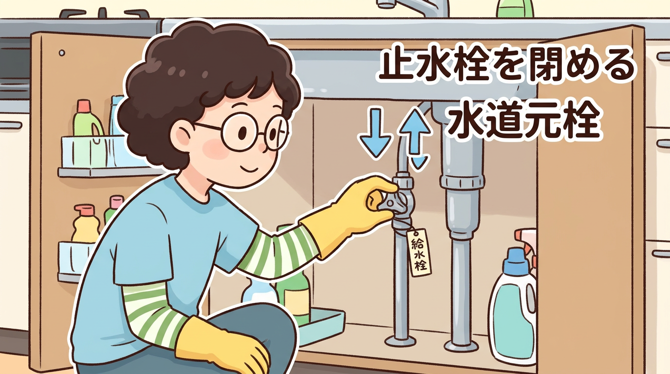 キッチンの止水栓または水道の元栓を閉める画像
