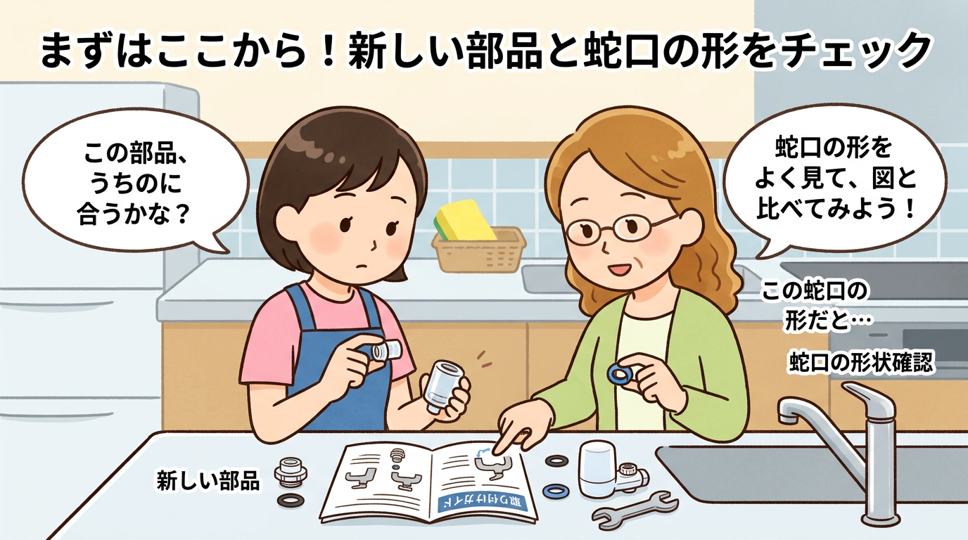 新しい浄水器の取り付け部品と蛇口の形状を確認している画像