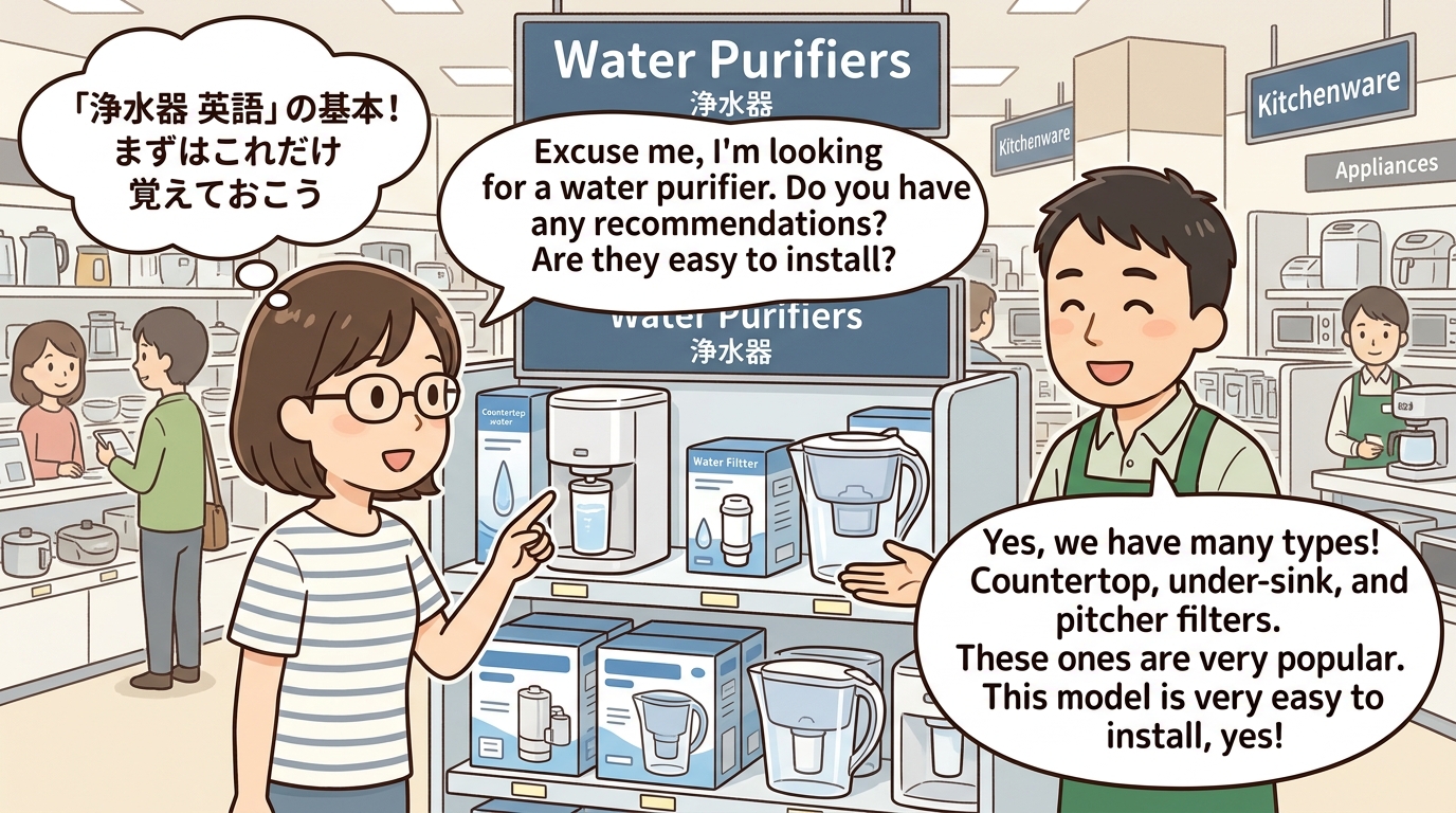 海外の店員に浄水器について英語で質問している様子