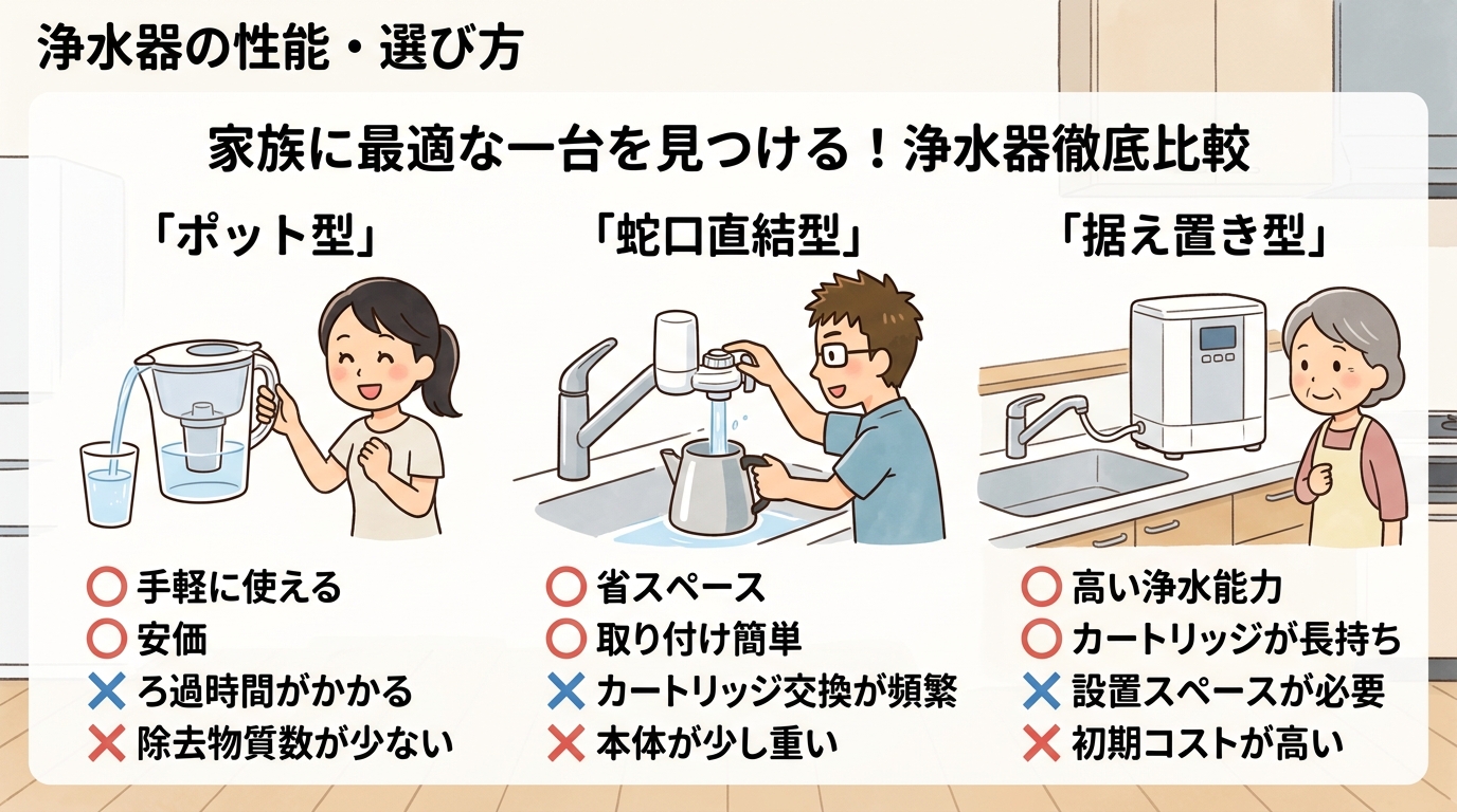 ポット型、蛇口直結型、据え置き型の浄水器が並んでいる画像