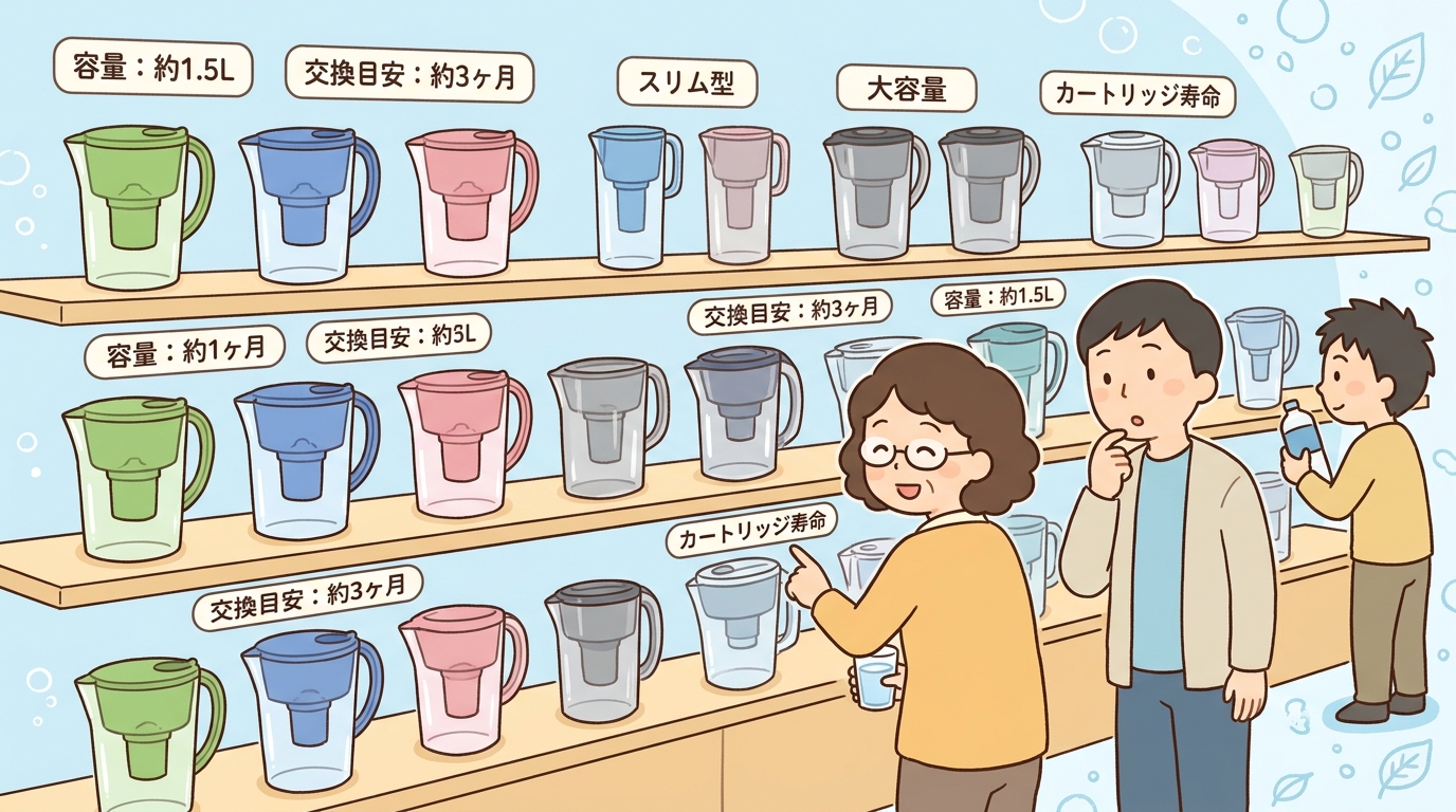 色々な種類のピッチャー型浄水器が並んでいる比較画像