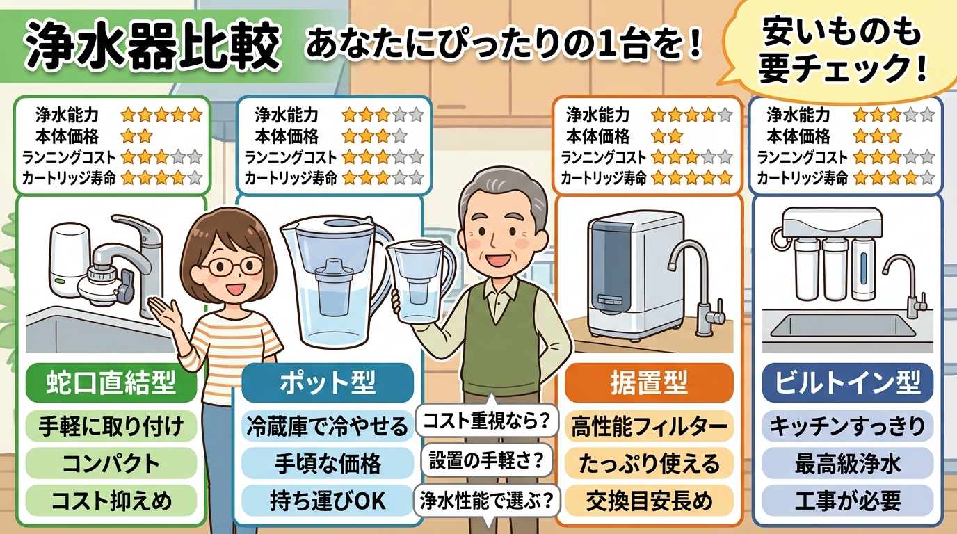 様々な種類の浄水器が並んでいる比較画像
