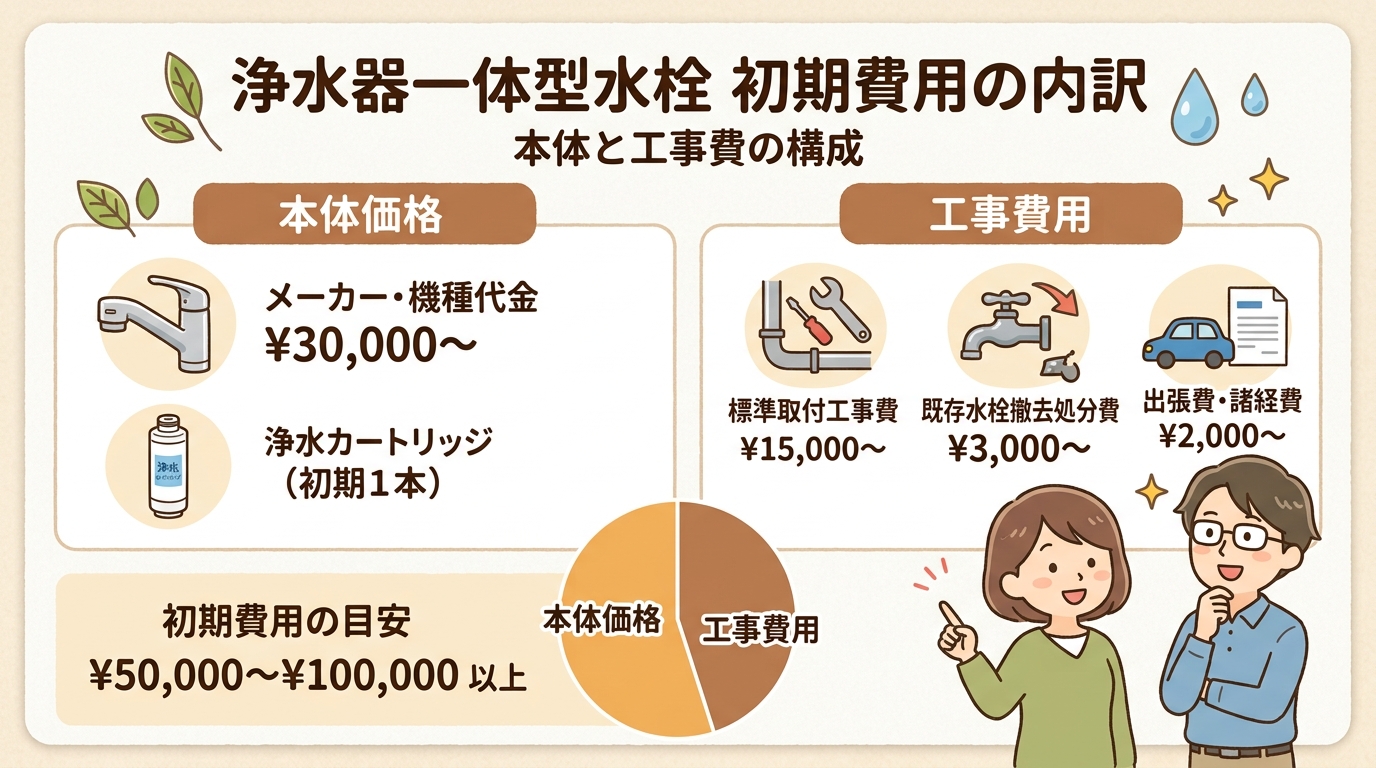 浄水器一体型水栓の本体価格と工事費用の内訳を示すグラフまたはイラスト画像
