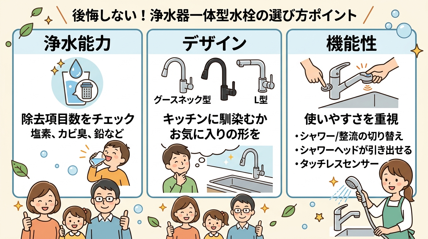 「浄水能力」「デザイン」「機能性」の3つの選び方ポイントを図解した画像