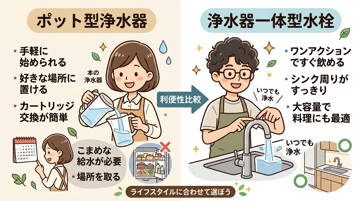ポット型浄水器と浄水器一体型水栓の利便性を比較するイメージ画像
