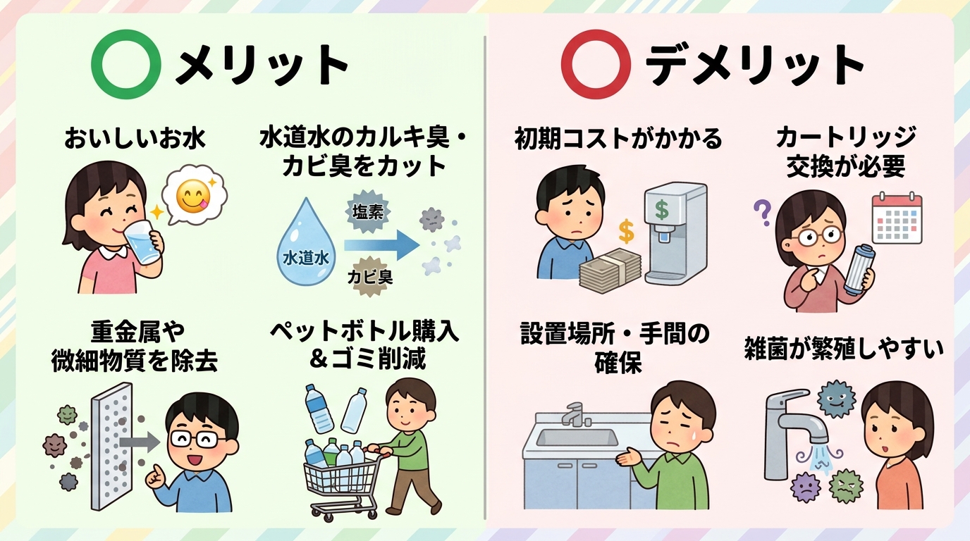 浄水器のメリットとデメリットを比較するイラスト