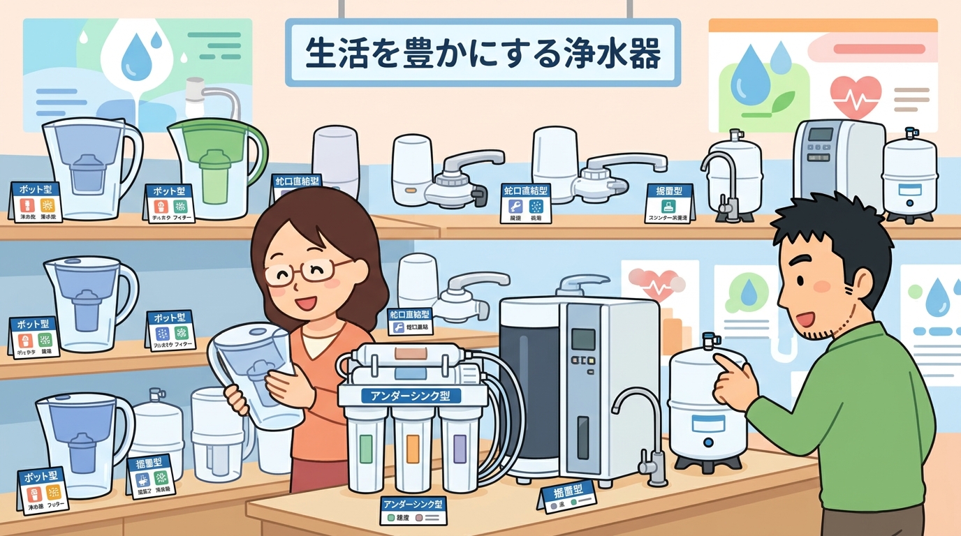 様々な種類の浄水器が並んでいる画像