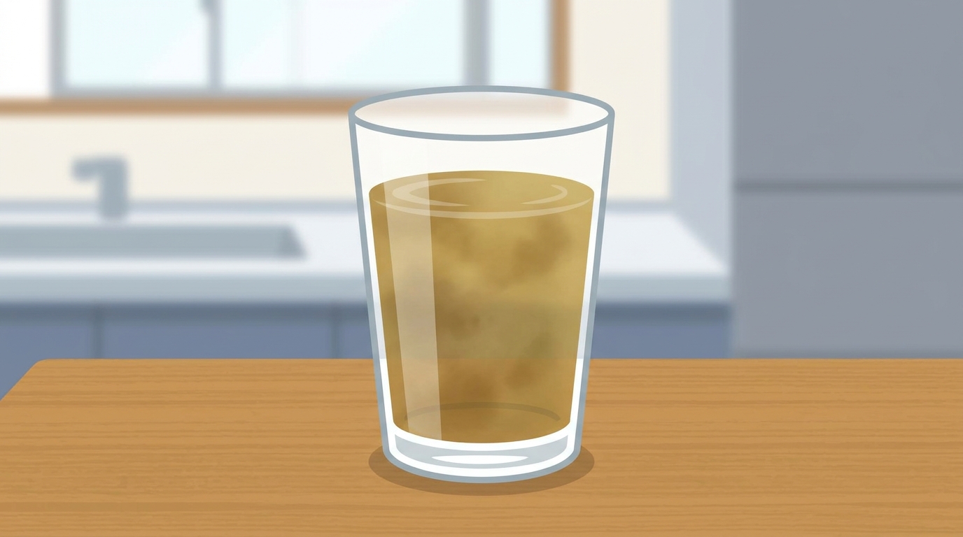 茶色く濁った水が入ったコップの画像