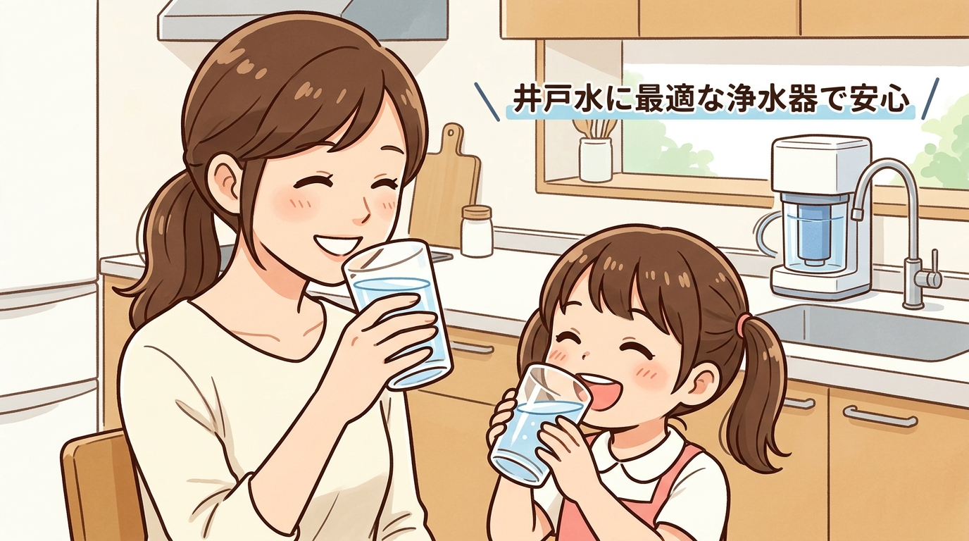 キッチンでコップの水を笑顔で飲む親子の画像