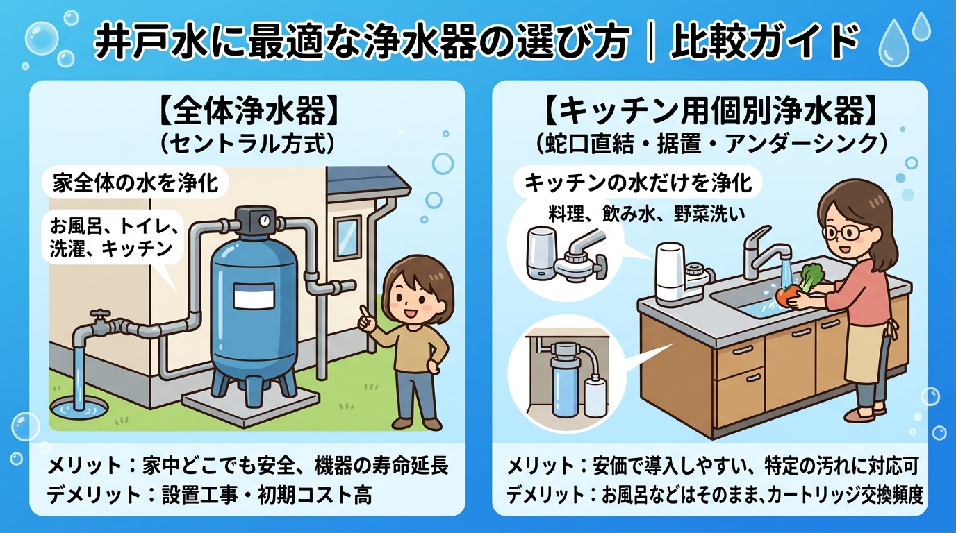 全体浄水器とキッチン用個別浄水器のイラスト比較画像
