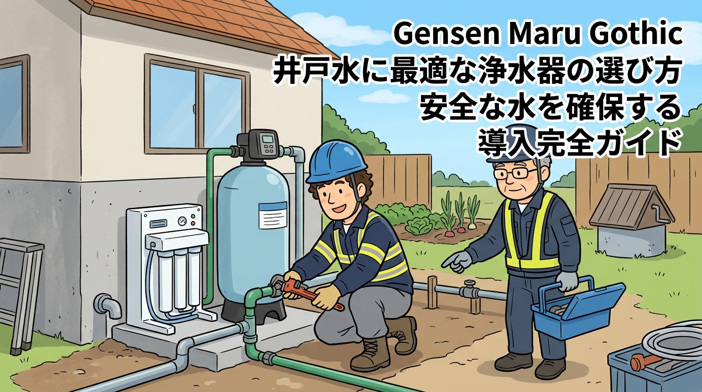 屋外で浄水器の設置工事を行っている作業員の画像