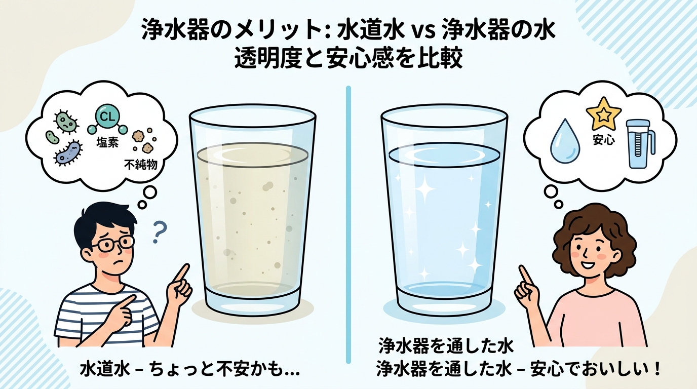 水道水と浄水器を通した水の透明度や安心感を比較するイメージ画像