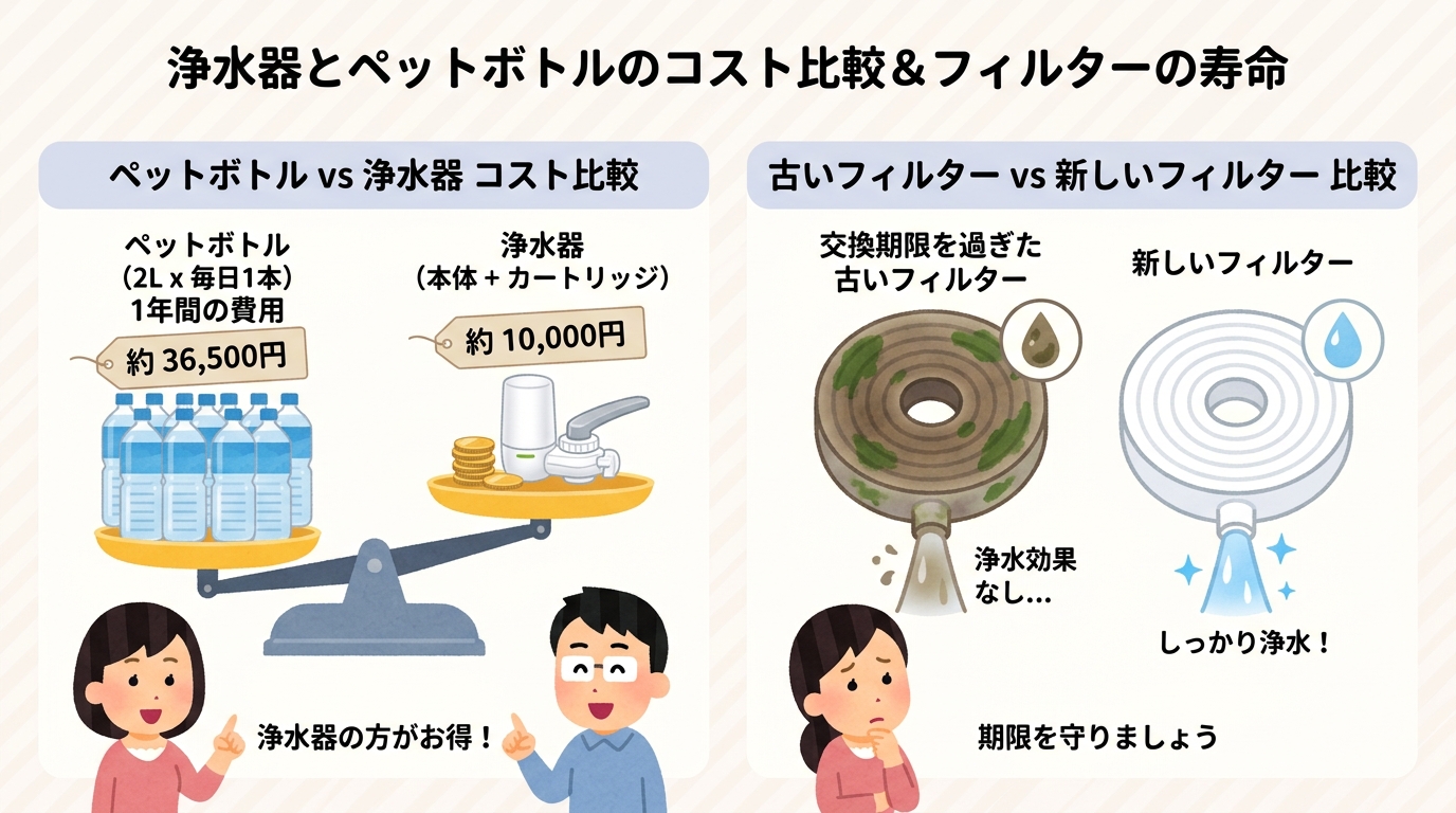 ペットボトルと浄水器のコスト比較、または交換期限を忘れた古いフィルターの比較画像