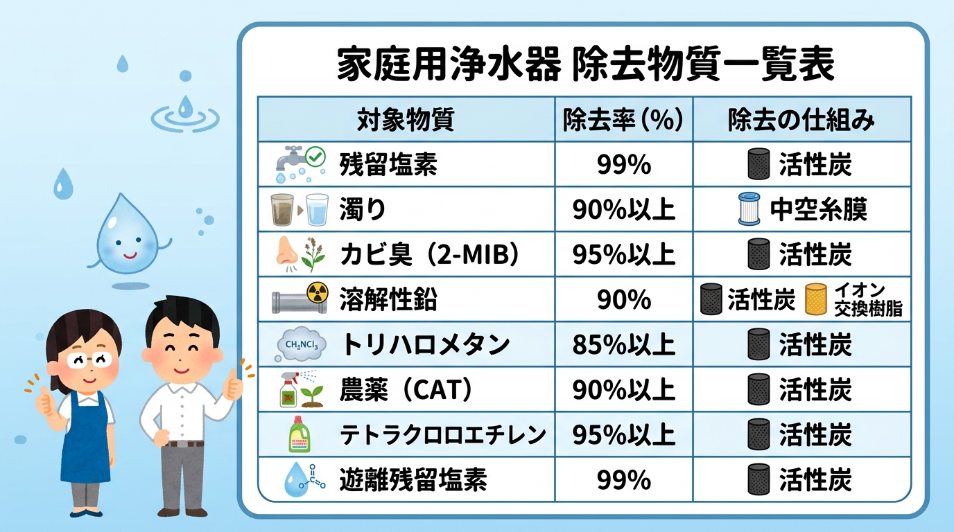 浄水器のパッケージに記載されている除去物質一覧表のイメージ画像